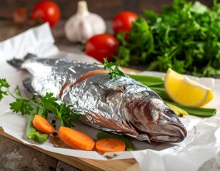 Fish wrapped in foil on paper with veggies like carrots, parsley, tomatoes and garlic on a wood background