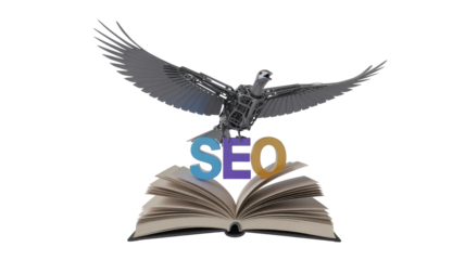 A mechanical bird carries the colorful 'SEO' letters over an open book, symbolizing knowledge and search engine optimization. background removed