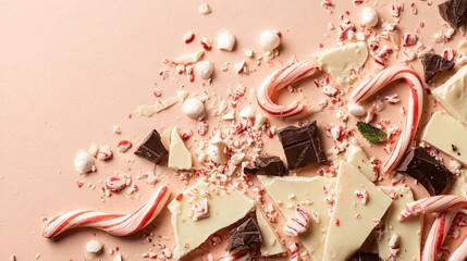 Peppermint bark ingredients scattered on pastel peach surface, bright layout with copy space on right