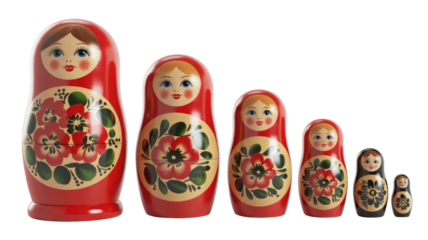 Six colorful traditional Russian matryoshka nesting dolls, decreasing in size. Four red and two black dolls with floral patterns and painted faces. background removed