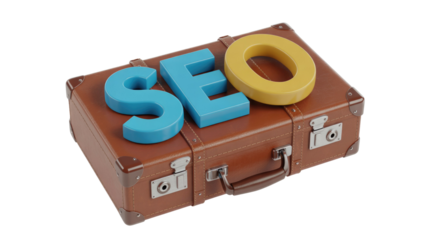 3D blue and yellow 'SEO' letters placed on a classic brown vintage suitcase, symbolizing search engine optimization, business, and digital marketing. background removed