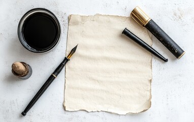 Antique writing instruments including fountain pens and ink pot surrounding blank aged paper. Calligraphy and historical document concept with copy space
