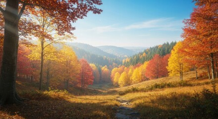 Fototapeta premium Autumnal mountain valley bathed in golden sunlight