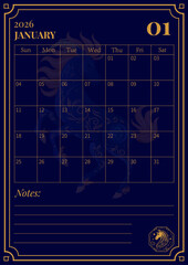 2026 January Calendar Page with Zodiac Horse