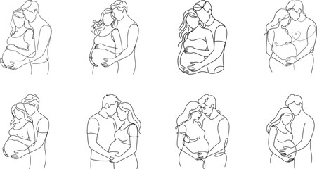 Line drawing, pregnant couple line art , Husband Hugging His Pregnant Wife line art style collection, line vector art.