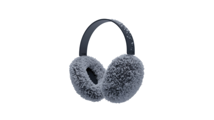 A pair of dark grey earmuffs heavily covered in fresh white snow or frost, designed for winter warmth and comfort. background removed