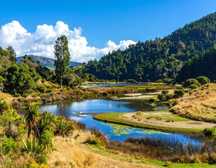 Serene Waikanae river landscape reflecting clouds and lush native bush, New Zealand