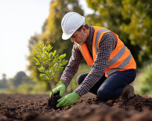 Man planting tree seedling showing environmental conservation