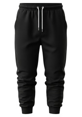 Black athletic jogger sweatpants with white drawstring isolated on transparent background