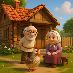 Elderly Couple With Chicken in Front of Wooden Cottage &ndash; 3D Cartoon Village Scene