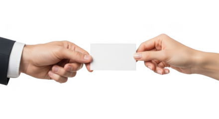 Two hands exchanging a blank white business card isolated on transparent background