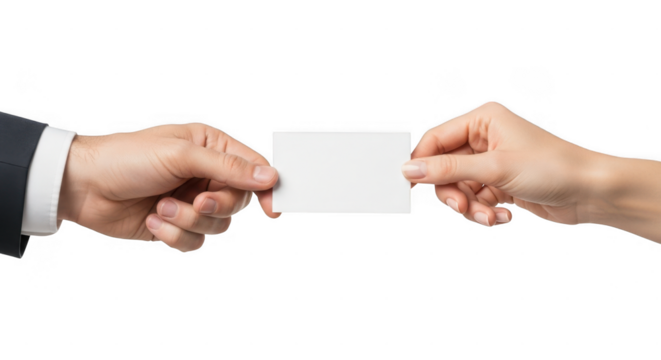 Two hands exchanging a blank white business card isolated on transparent background