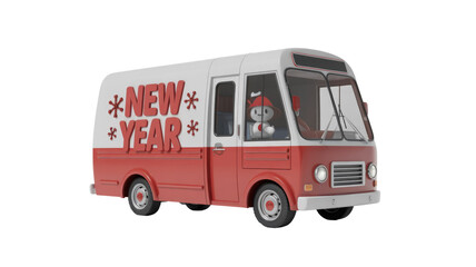 A cute character drives a festive red and white delivery van with 'NEW YEAR' text, ready for holiday celebrations. background removed