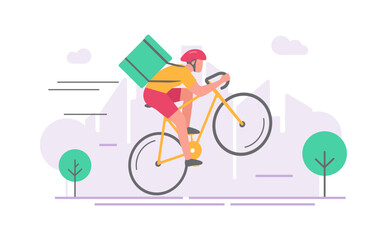 Cyclist courier delivery food icon modern vector design illustration, urban professional bicycle rider shipping order cargo backpack fast speed, person man messenger in bike making wheelie image