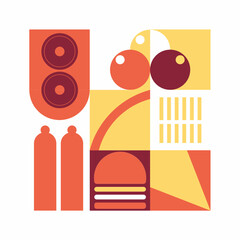 Abstract geometric illustration representing fast food items like burgers, pizza, sausage, ice cream, and potatoes using bold shapes and warm colors.