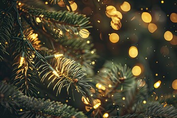 Fototapeta premium Festive close-up of pine needles with glowing garlands and warm Christmas lights