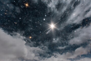 Night sky with bright star and clouds. Cosmic universe backdrop. Holiday background, astronomy and astrology concept.