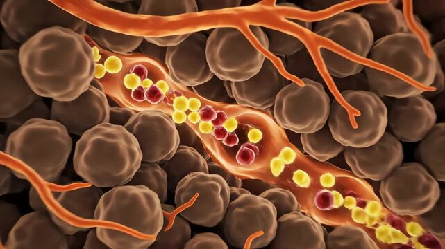 Adrenal cortex&ndash;medulla transition, where textures shift from layered cortical structures to dense neural-inspired medullary patterns, capillaries glow as hormone molecules enter circulation