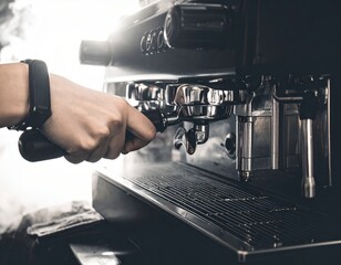 Close-up of a barista's hand operating a modern espresso machine to prepare a fresh, hot cup of