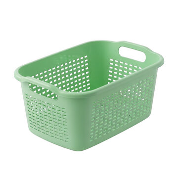 Light green plastic laundry basket with ventilation holes isolated on transparent background