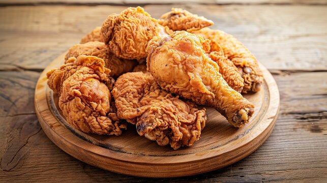 Crispy fried chicken drumsticks with golden breading on rustic wooden table