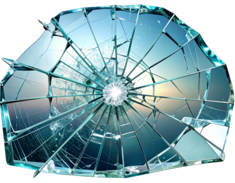 A diagonal section of cracked glass featuring a wide spiderweb fracture pattern, multiple branching shards and thin fissures, asymmetrical composition, light refractions cap