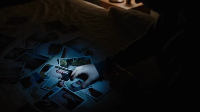 A Person Examines Photographs Under Dim Light, Capturing Nostalgia and Memories Amidst a Collection of Personal Images on a Bedspread