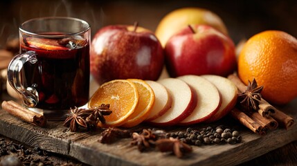 Warm-lit mulled wine ingredients like spices, sliced apples and dried oranges, arranged loosely on rustic wooden board with central empty zone