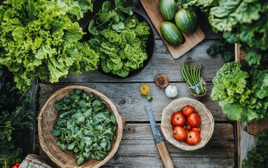 Assorted fresh vegetables and salad ingredients laid out on wooden table. Includes lettuce, tomatoes, cucumbers, and herbs, perfect for healthy meal preparation