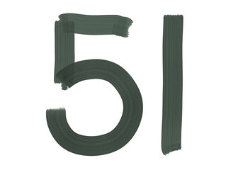 Number fifty-one, 51 made with Plaster Rake Brush on transparent background, Digit, Black color, Dark-green color, isolated background, Illustration, Typography, Handmade, Set 0-100