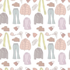 Winter fashion clothes things jacket scarf hat New Year fashion style women's fashion accessories sheepskin coat hand-drawn