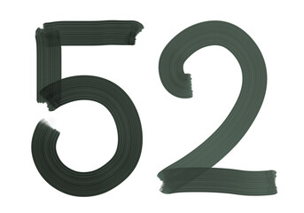 Number fifty-two, 52 made with Plaster Rake Brush on transparent background, Digit, Black color, Dark-green color, isolated background, Illustration, Typography, Handmade, Set 0-100