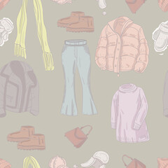 Winter fashion clothes things jacket scarf hat New Year fashion style women's fashion accessories sheepskin coat hand-drawn