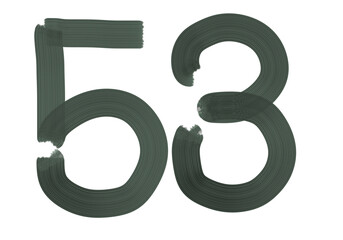 Number fifty-three, 53 made with Plaster Rake Brush on transparent background, Digit, Black color, Dark-green color, isolated background, Illustration, Typography, Handmade, Set 0-100