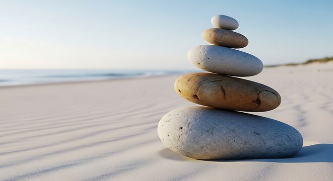 Serene stacked stones on a sandy beach at sunrise, representing balance and tranquility.
