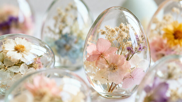 Decorative glass eggs filled with dried flowers in pastel colors  