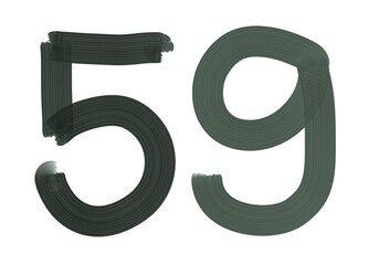 Number fifty-nine, 59 made with Plaster Rake Brush on transparent background, Digit, Black color, Dark-green color, isolated background, Illustration, Typography, Handmade, Set 0-100