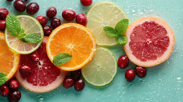Winter citrus slices, cranberries, and fresh mint arranged on pastel aqua background, open left area