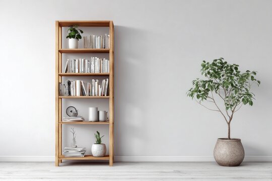 Minimalist room interior features a wooden shelving unit stocked with books beside a large potted houseplant against a plain light wall