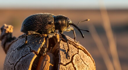 Stunning Macro Snout Beetle Portrait on Dry Pod at Golden Sunset