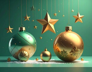 Festive display with gold stars & round ornaments on white 'snow' against a green backdrop