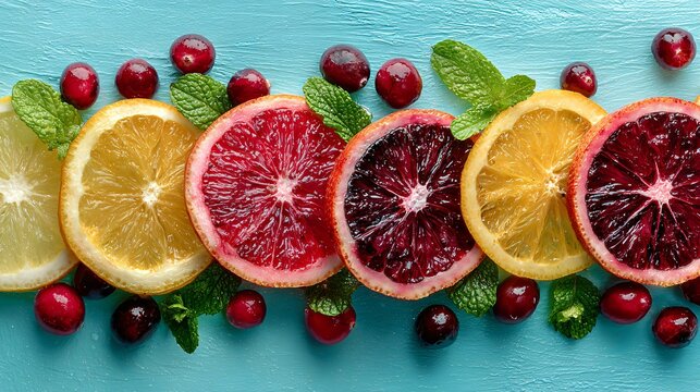 Winter citrus slices, cranberries, and fresh mint arranged on pastel aqua background, open left area