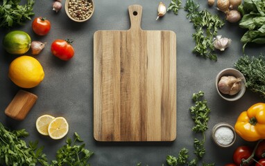 Wooden cutting board surrounded by colorful vegetables, herbs, and spices on gray background, ready for meal preparation or cooking demonstration