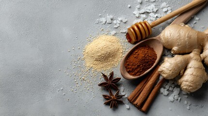 Winter tea ingredients like ginger, honey and cinnamon, on pale grey background, minimal design with right copy space