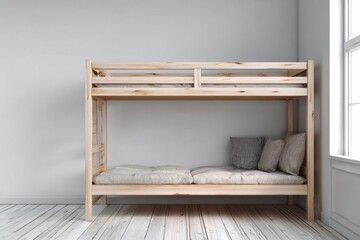 Natural wood bunk bed with futon style lower mattress situated against a plain wall