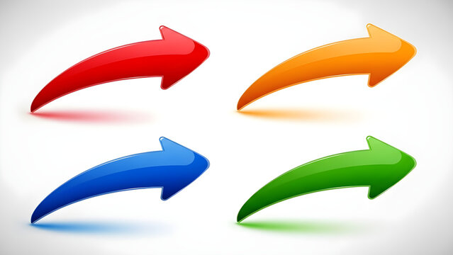 Set of four glossy curved three dimensional arrow symbols in red orange blue and green colors indicating upward movement