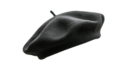 A black beret, a classic headwear item, shot from an angle. It features a soft texture and a small stem on top. background removed
