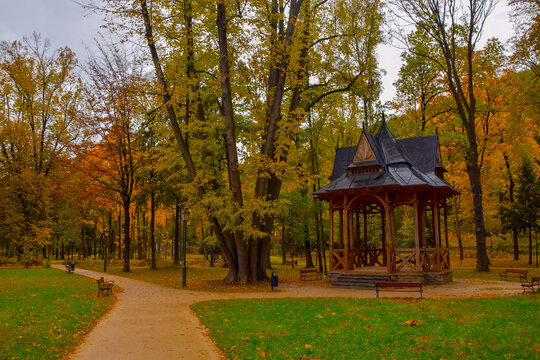 Wooden alcove in Szczawnica city park at autumn, Pieniny, Poland. Szczawnica is one of the oldest and most beautiful spa resorts in Poland