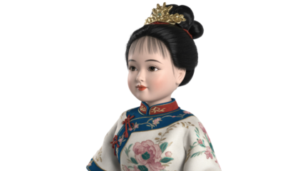 A charming doll in traditional Chinese attire, featuring intricate embroidery and a golden crown on a bun hairstyle. Isolated. background removed