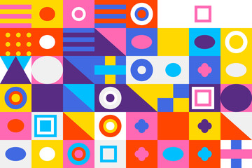 Vibrant abstract mosaic background, playful colorful geometric shapes: circles, squares, triangles, ideal for modern graphic design, creative projects.
